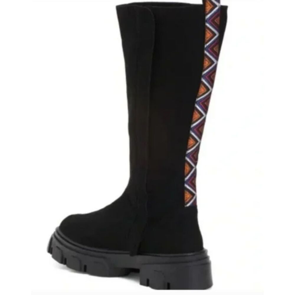 NWOT Farm Rio Black Faux Leather Suede Tall Boots Aztec Embroidered Back Sz 6